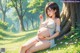 A pregnant woman sitting under a tree in a park.